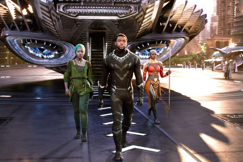Lupita Nyong'o, Chadwick Boseman and Danai Gurira in a scene from Marvel's "Black Panther."