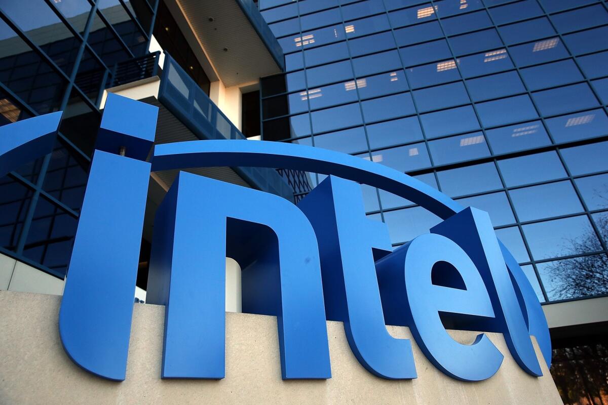 The Intel logo is displayed outside of the company's headquarters in Santa Clara, Calif.