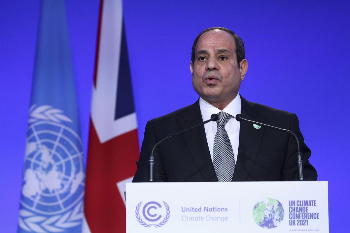 FILE - Egypt's President Abdel Fattah el-Sisi speaks during the opening ceremony of the UN Climate Change Conference COP26 in Glasgow, Scotland, Nov. 1, 2021. A New York man has been arrested on charges that he worked as a secret and unregistered agent of the Egyptian government, including by sharing information with American law enforcement officials about political opponents of President Abdel Fattah el-Sissi, the Justice Department said Thursday, Jan. 6, 2022. Pierre Girgis, a 39-year-old dual national of Egypt and the United States, is charged with acting as an agent of a foreign government without notifying the Justice Department, and with conspiring to do so. (Yves Herman/Pool via AP, File)