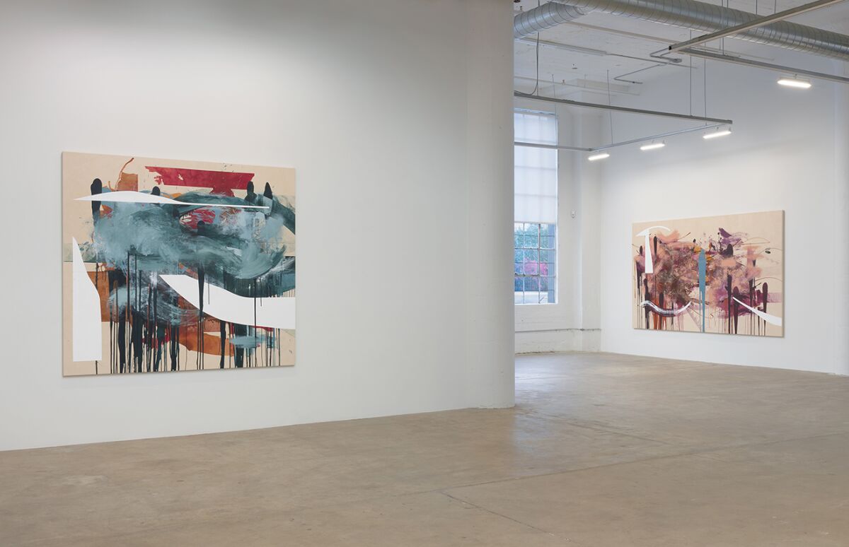 An installation view of painter Elizabeth Neel's solo show, "Life in Halves," at Vielmetter Los Angeles.