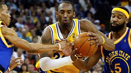 Smaller guards, like Golden State's Baron Davis, right, and Monta Ellis, have a tough time keeping Kobe Bryant away from the basket.