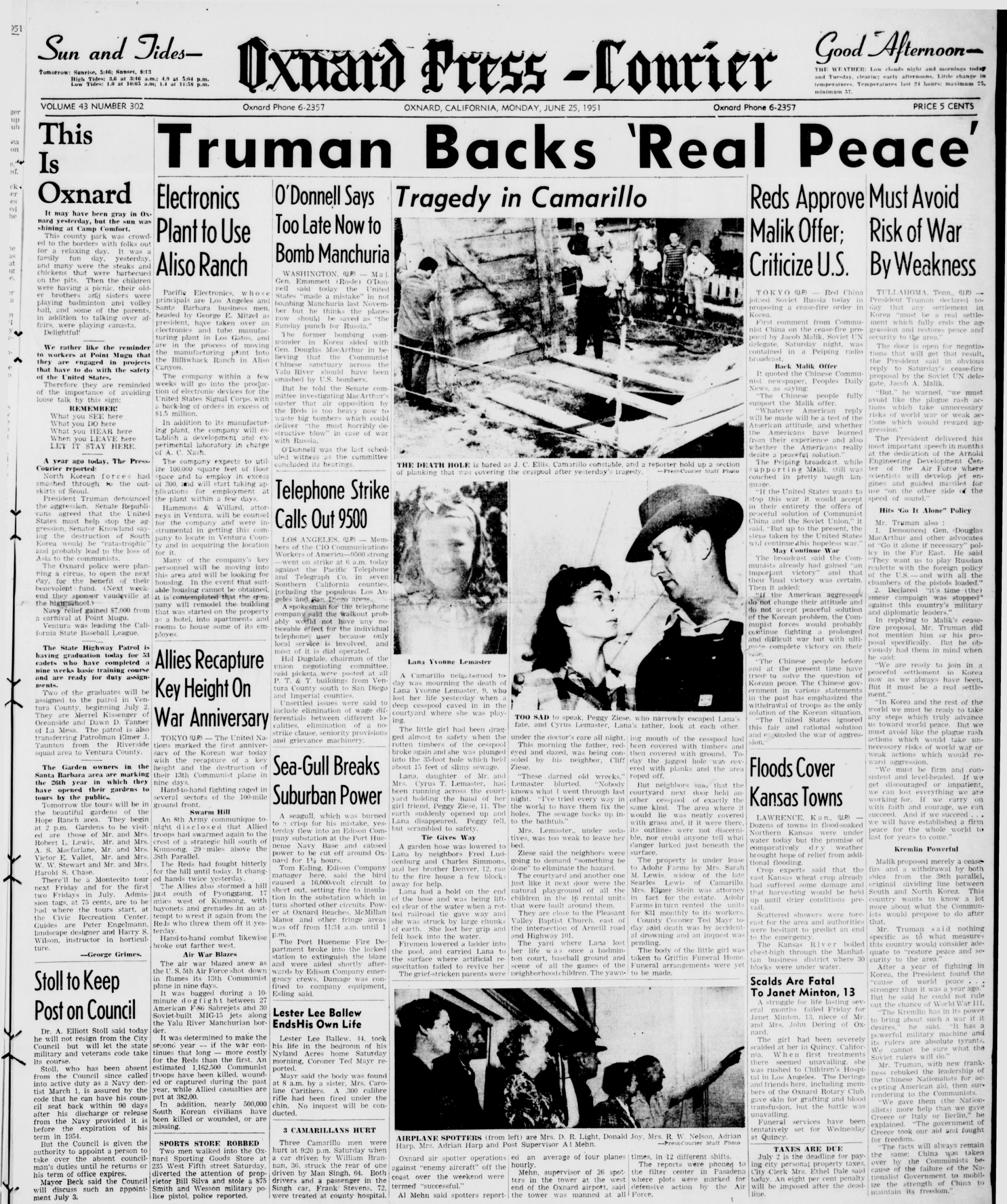 The Oxnard Press-Courier front page with the death of Lana Lemaster in 1951.