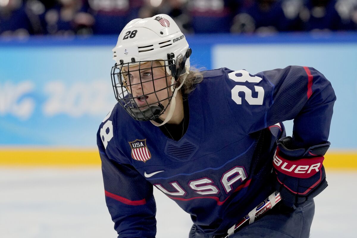 FILE - United States' Amanda Kessel plays against Finland during a women's semifinal hockey game at the 2022 Winter Olympics, Monday, Feb. 14, 2022, in Beijing. U.S. women’s hockey star Amanda Kessel is joining the Pittsburgh Penguins for an executive management program that could put her on track to work in an NHL front office. Kessel is the first participant in the team’s new executive management program. (AP Photo/Petr David Josek, File)