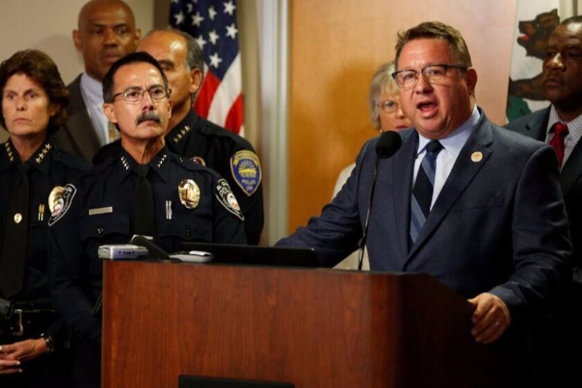 El Cajon Mayor Bill Wells, joined by law enforcement leaders, discusses the release of the cellphone video showing the shooting of Alfred Olango.