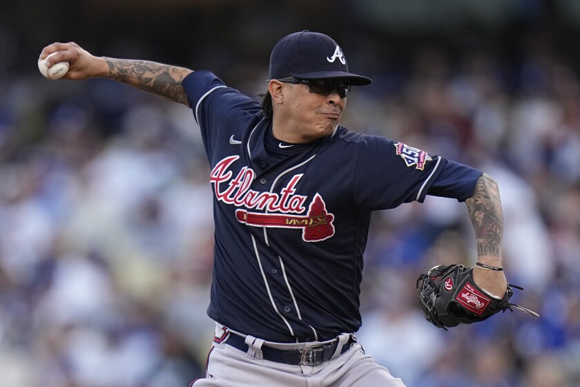 Jesse Chavez pitches for the Braves.