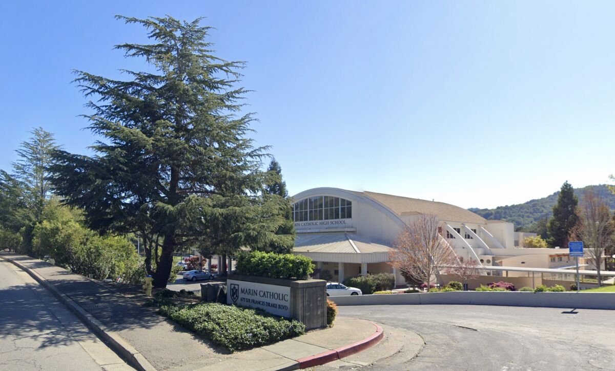 A view from the street Marin Catholic School, which has suspended in-class learning.