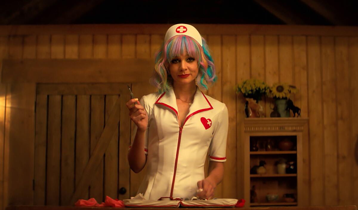 A woman with multicolored hair in a kitschy nurse's uniform and cap