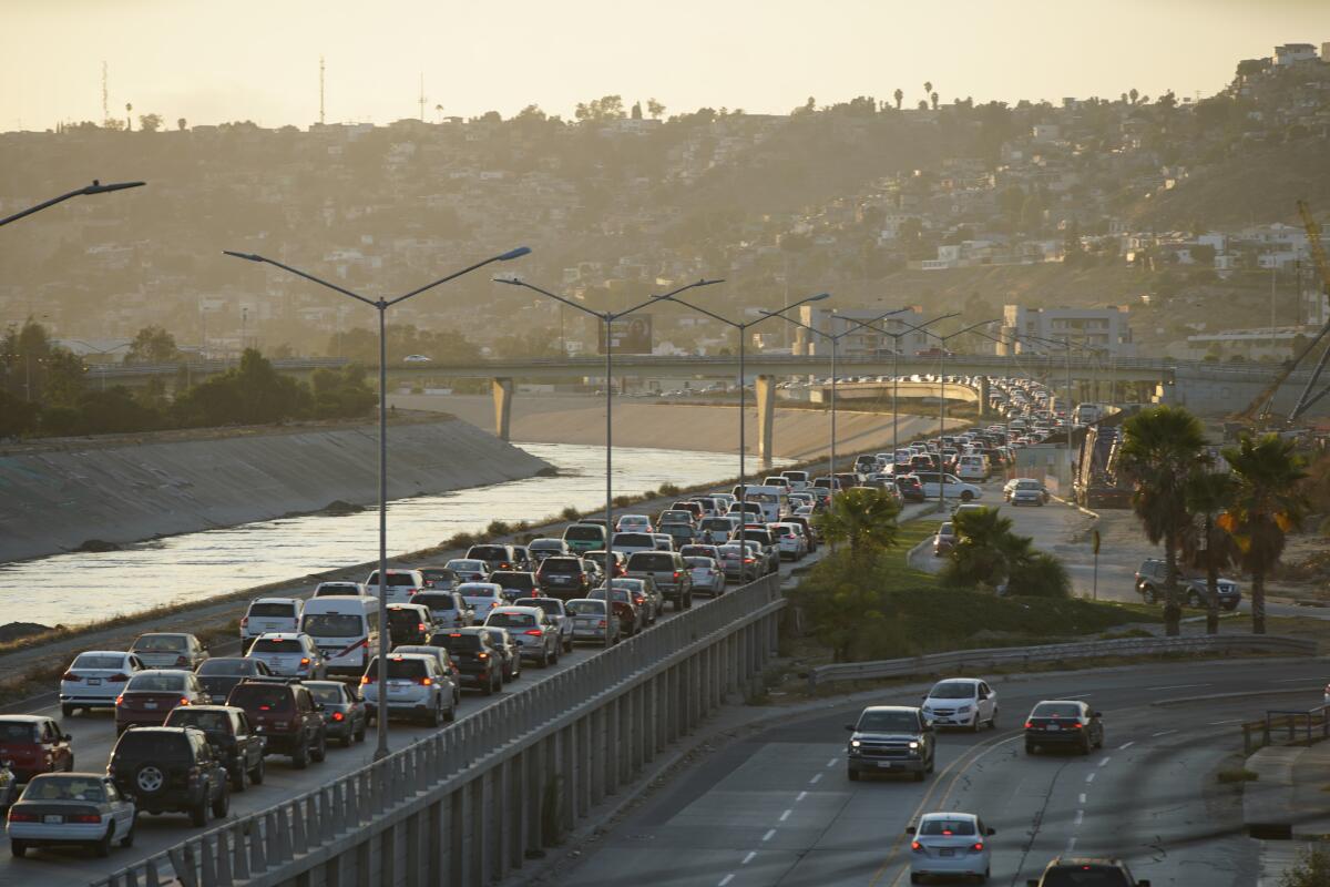 Traffic into San Ysidro from Tijuana backs up five miles from the border. 