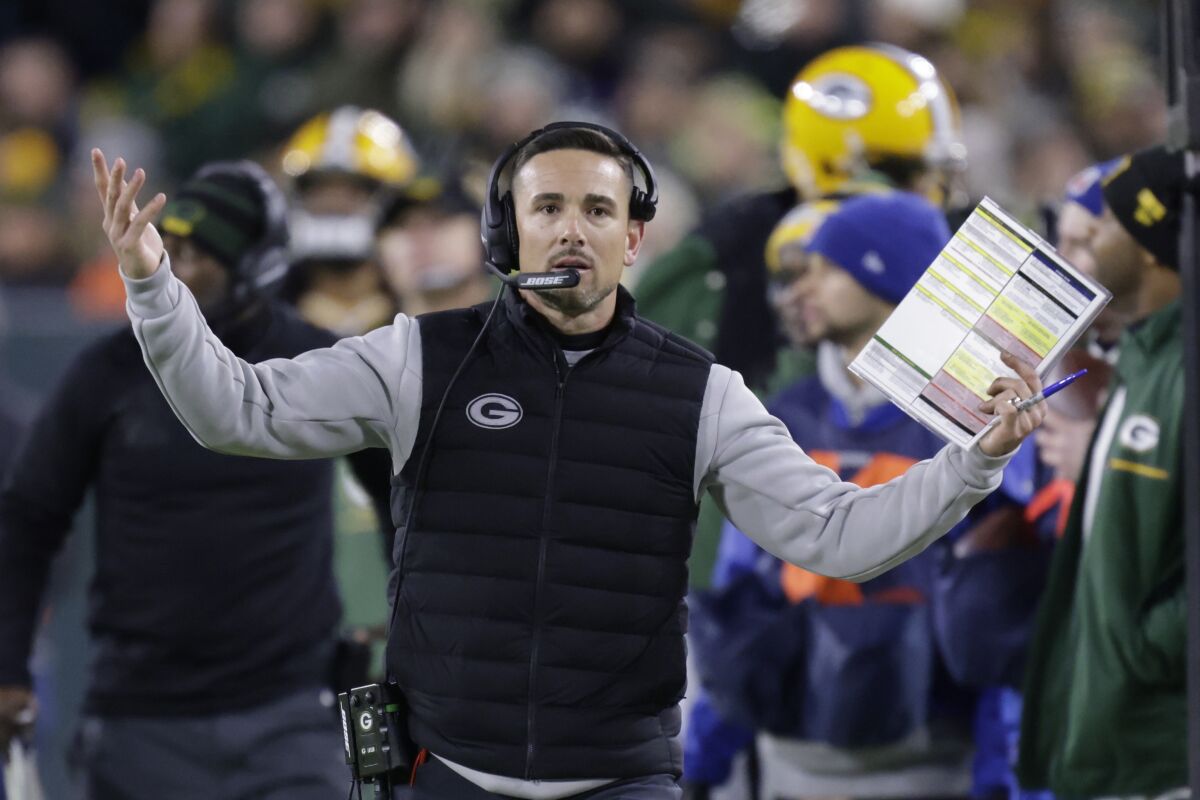 Green Bay Packers head coach Matt LaFleur reacts during the first half of an NFL football game against the Chicago Bears Sunday, Dec. 12, 2021, in Green Bay, Wis. (AP Photo/Matt Ludtke)