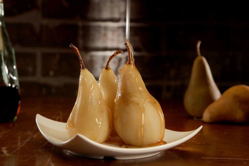 LOS ANGELES, CA., JANUARY 25, 2018-- Cooking with Hard Alcohol - Brandy-Poached Pears. (Kirk McKoy / Los Angeles Times)