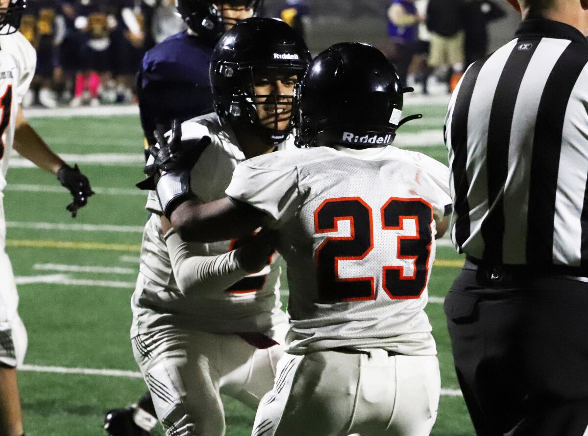 Maysen Navarro and Pedro Hernandez, seen playing in 2022, combined for three touchdowns against Bolsa Grande Thursday.