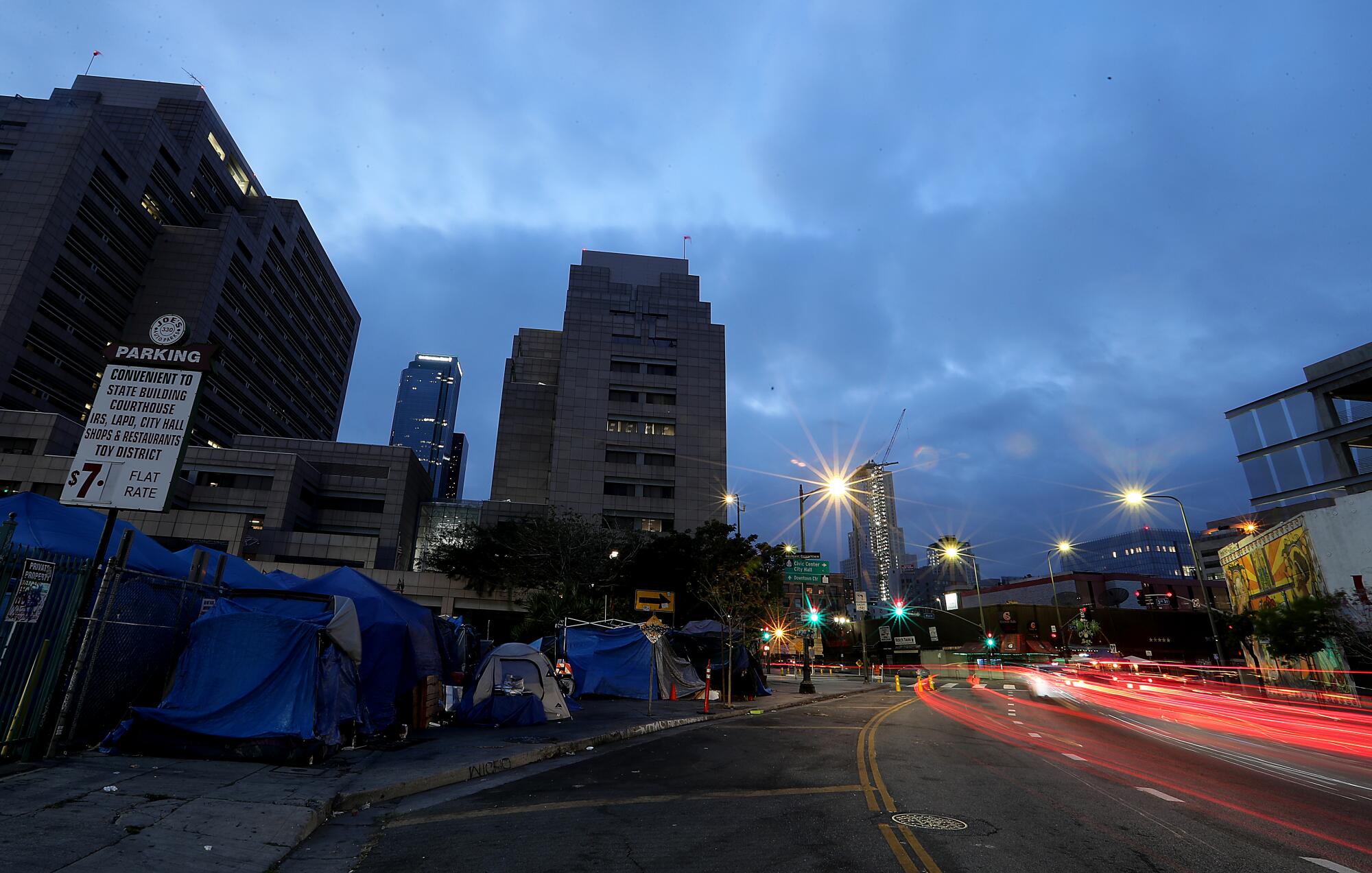Entire blocks are filled with homeless encampments on Skid Row in downtown Los Angeles in 2021.