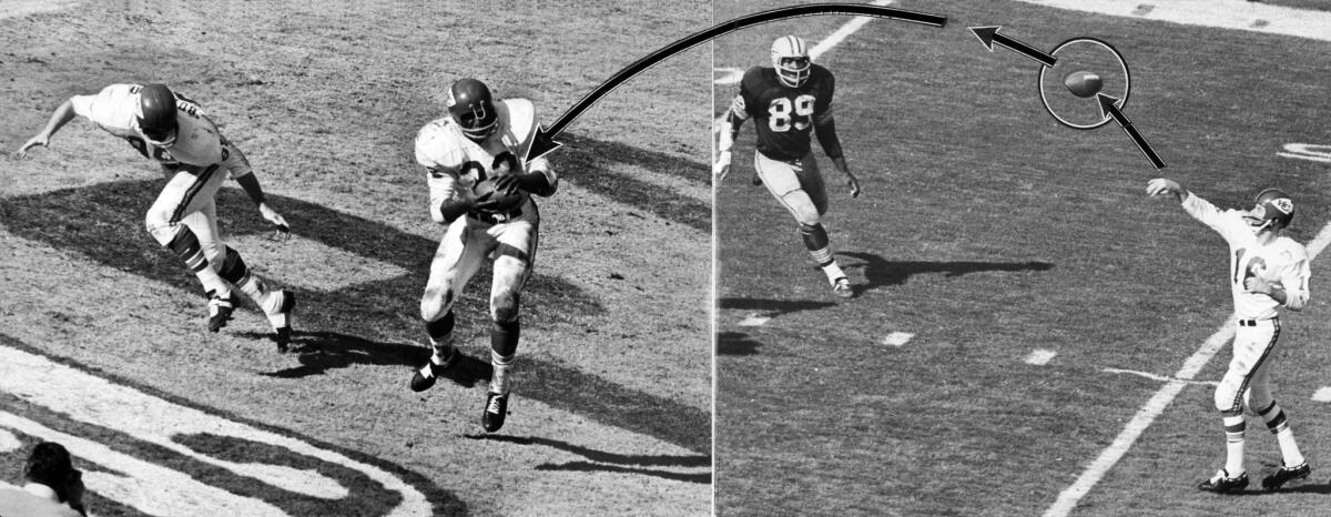 Jan. 15, 1967: Chiefs quarterback Len Dawson, right, throws seven-yard touchdown pass to Curtis McClinton for Kansas City's only touchdown.
