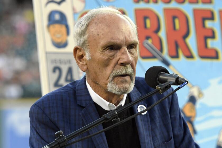 FILE - Former Detroit Tigers manager Jim Leyland addresses the crowd during a ceremony.