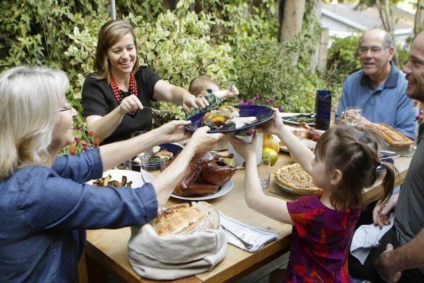 Thanksgiving with chefs Karen and Quinn Hatfield, children Bennett and Paige, and in-laws Larry and Linda Friedman at the Hatfields' home in Laurel Canyon.
