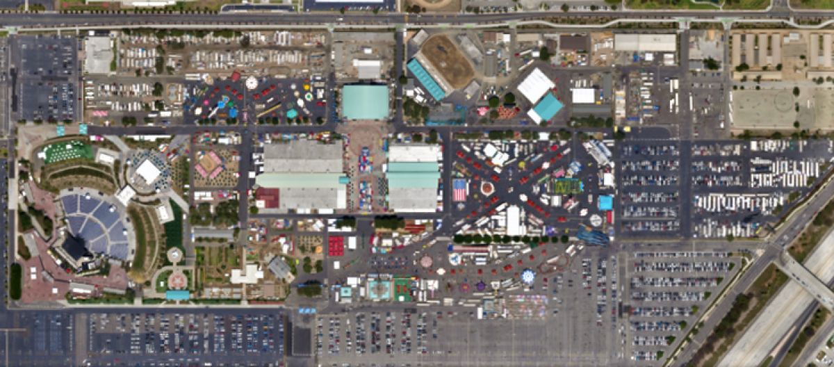 An aerial view of the 150-acre O.C. fairgrounds in Costa Mesa.