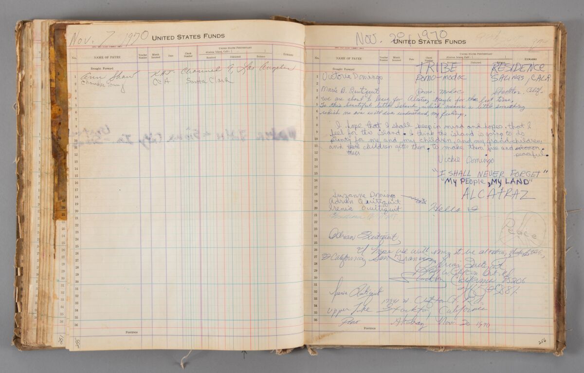 A scan shows two pages of the Alcatraz Logbook with signatures and a hand-drawn peace symbol