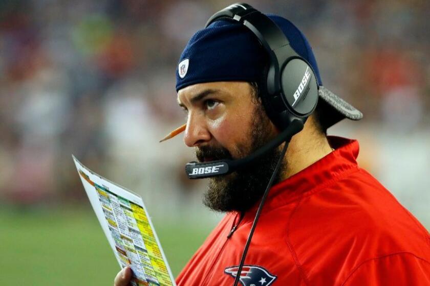 Patriots defensive coordinator Matt Patricia is seen during an exhibition game against the Saints on Aug. 11.