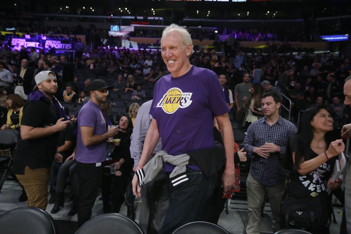 Bill Walton arrives to watch his son, Luke, debut as head coach of the Lakers in 2016.