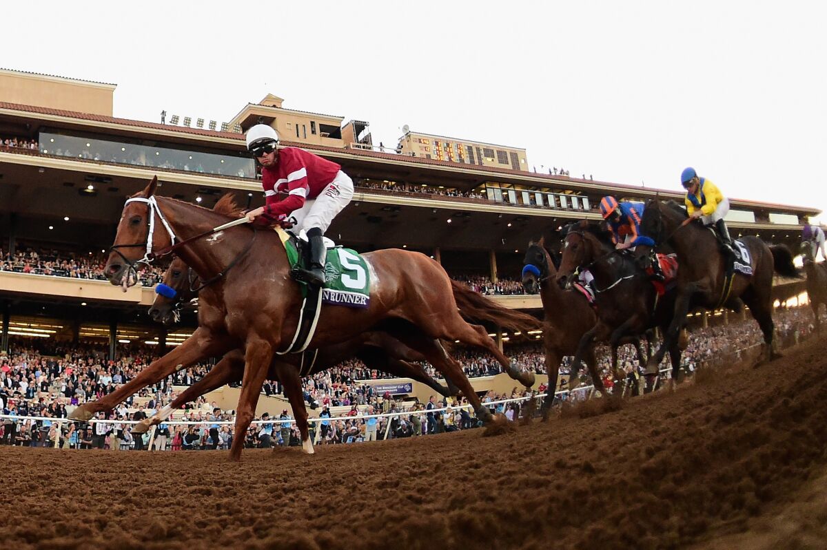 Gun Runner (5), ridden by Florent Geroux, wins the Breeders' Cup Classic at Del Mar racetrack on Nov. 4, 2017.