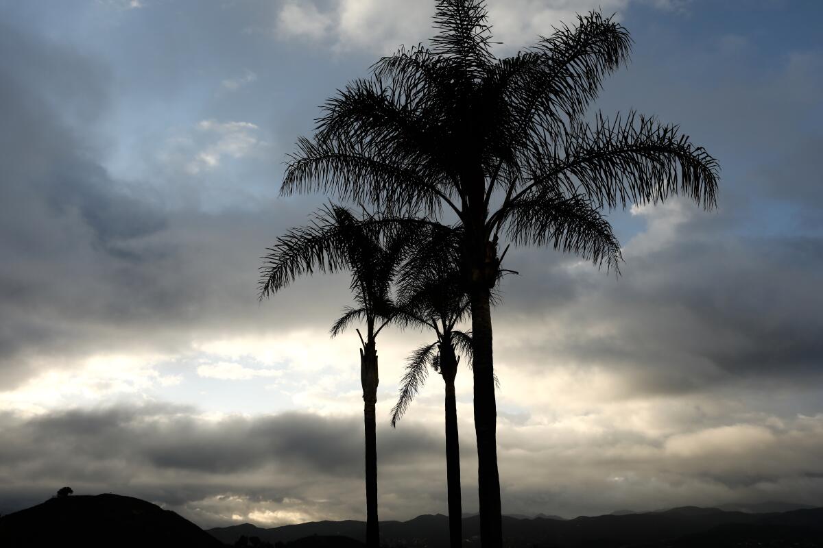 Cloudy skies are seen over Tarantula Mountain in Thousand Oaks on Monday.