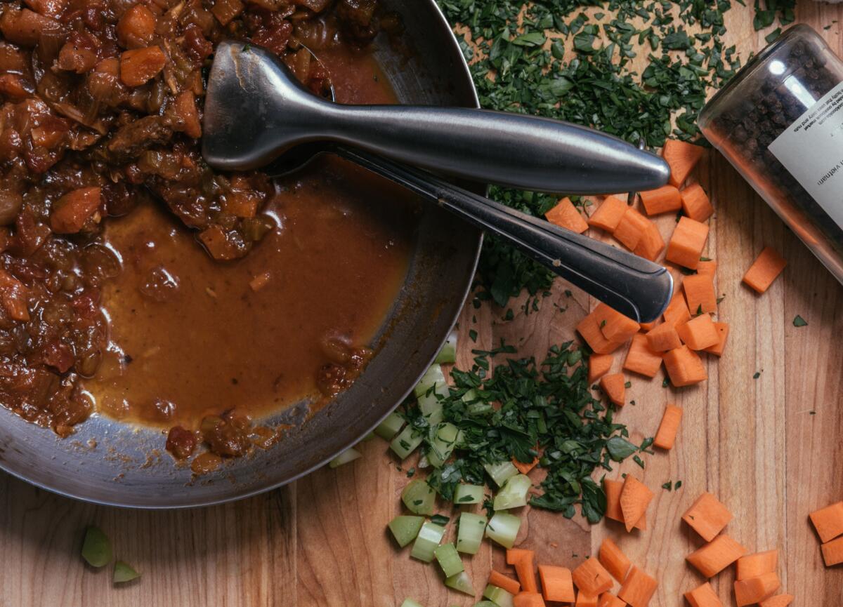 Ingredients used to make a brisket dish are seen at the Los Angeles Times' studio kitchen.