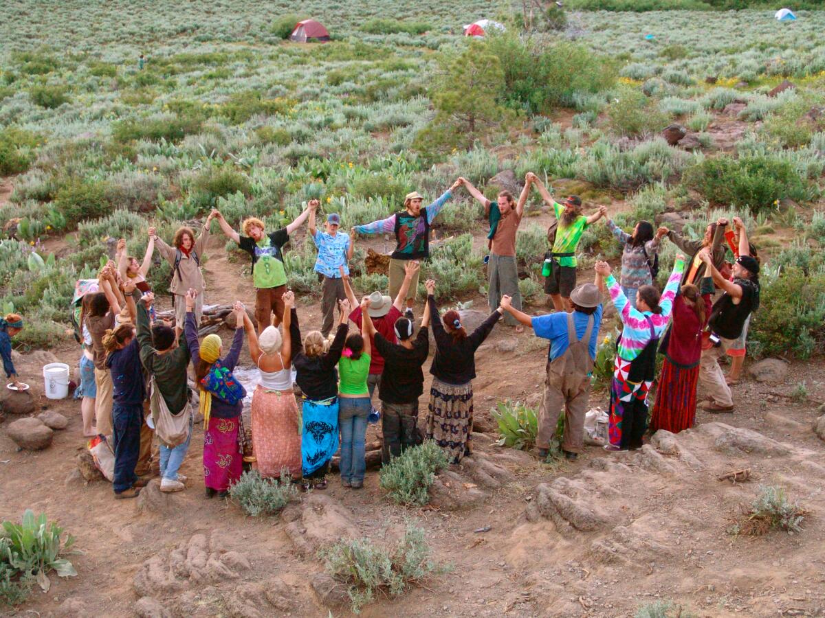 A hippie circle at the Rainbow Gathering