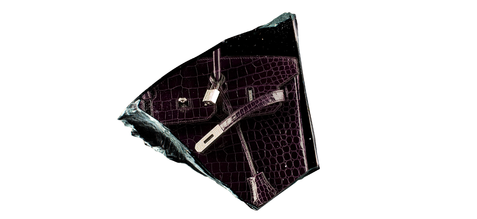 A dark Birkin bag with a purple hue, superimposed onto a dark shard of glass