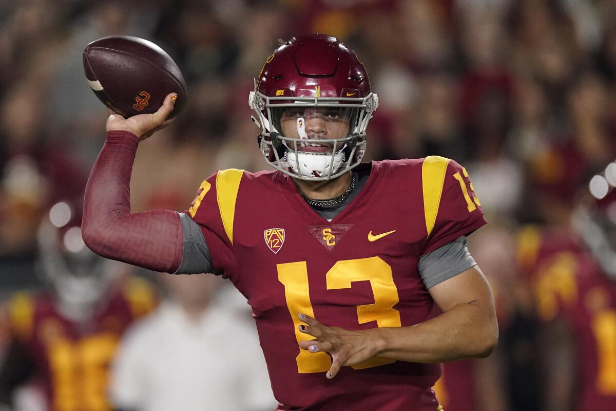 Southern California quarterback Caleb Williams passes during the first half of an NCAA college football game.