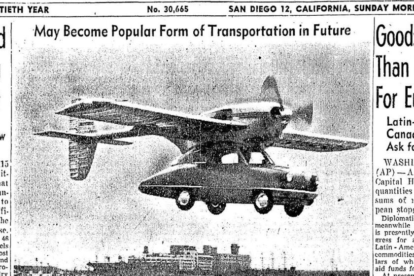 A flying car is shown on the front page of The San Diego Union, Nov. 16, 1947.