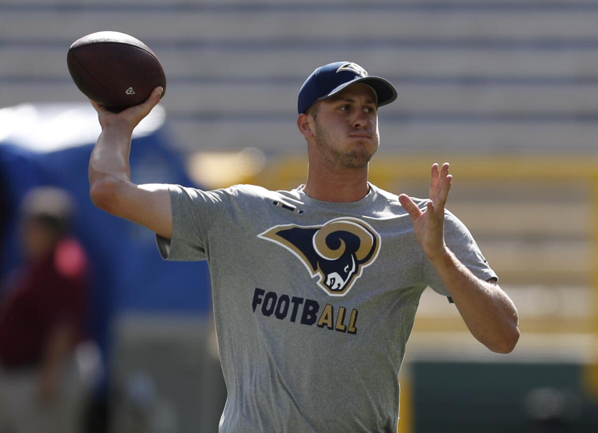 Los Angeles Rams quarterback Jared Goff warms up before a preseason NFL football game against the Green Bay Packers Thursday, Aug. 31, 2017, in Green Bay, Wis.