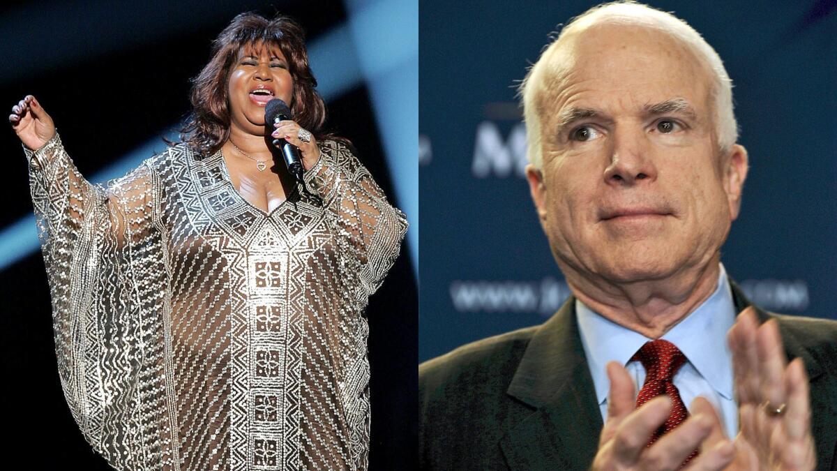 John McCain, right, applauds as he is introduced in Halethorpe, Md., in February 2008. At left, singer Aretha Franklin performs at the Tony Awards at New York's Radio City Music Hall in 2005.