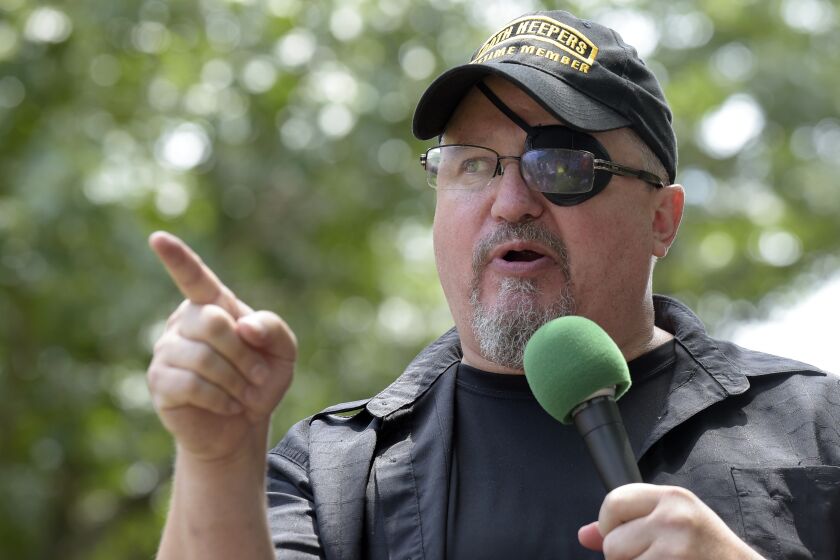 FILE - Stewart Rhodes, founder of the citizen militia group known as the Oath Keepers, speaks during a rally outside the White House in Washington, on June 25, 2017. The Justice Department is seeking 25 years in prison for Rhodes, the Oath Keepers founder convicted of seditious conspiracy for what prosecutors described as a violent plot to keep President Joe Biden out of the White House, according to court papers filed Friday, May 5, 2023. (AP Photo/Susan Walsh, File)