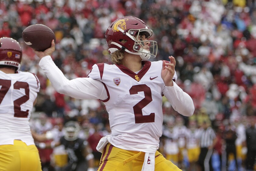 USC quarterback Jaxson Dart throws a pass.