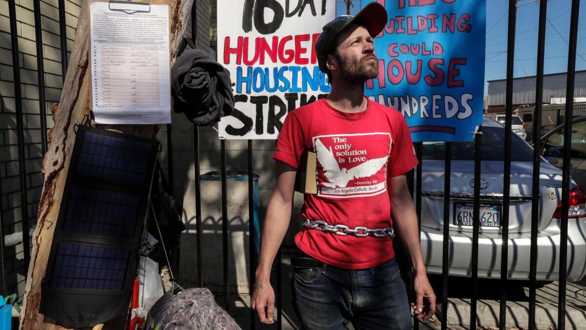 Activist Kaleb Havens, 30, is on hunger strike on skid row in downtown Los Angeles to protest conditions for the homeless.