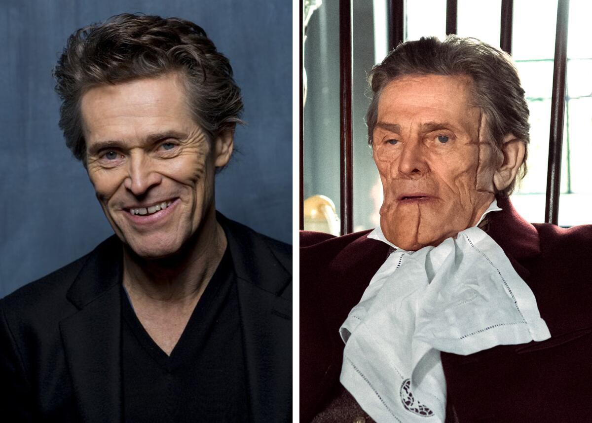 Actor Willem Dafoe smiles in a recent portrait alongside the horrible disfigurements he sports from his role in "Poor things."