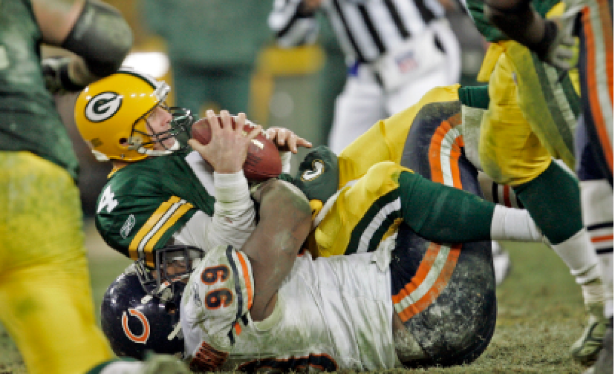 Chicago Bears' Tank Johnson sacks Green Bay Packers quarterback Brett Favre.