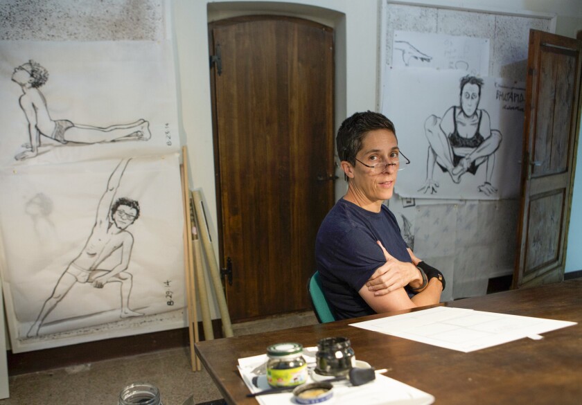 Alison Bechdel in her studio at an artist residency at Civitella Ranieri in Italy.
