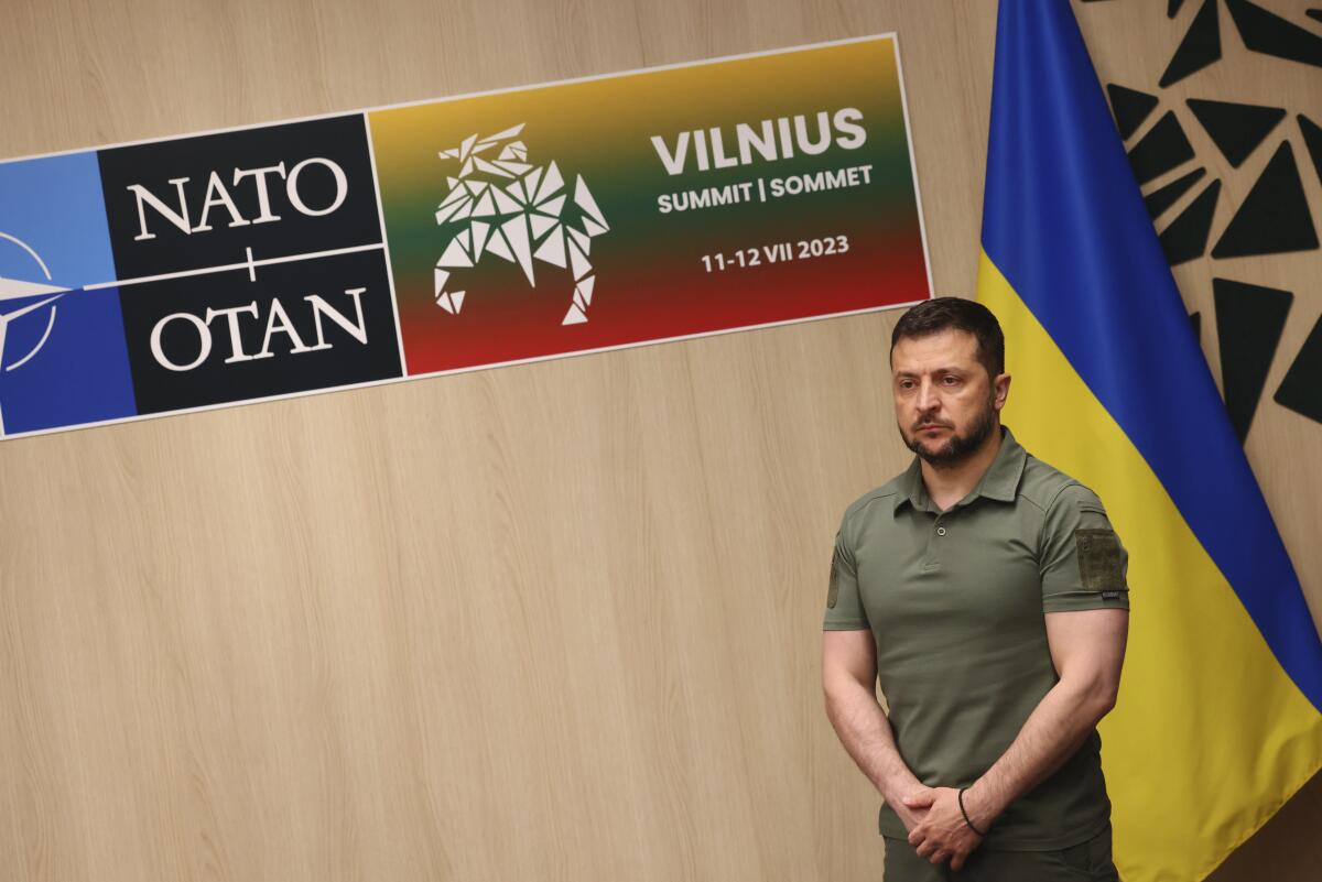 Ukrainian President Volodymyr Zelensky stands near a Ukrainian flag and a NATO summit sign. 
