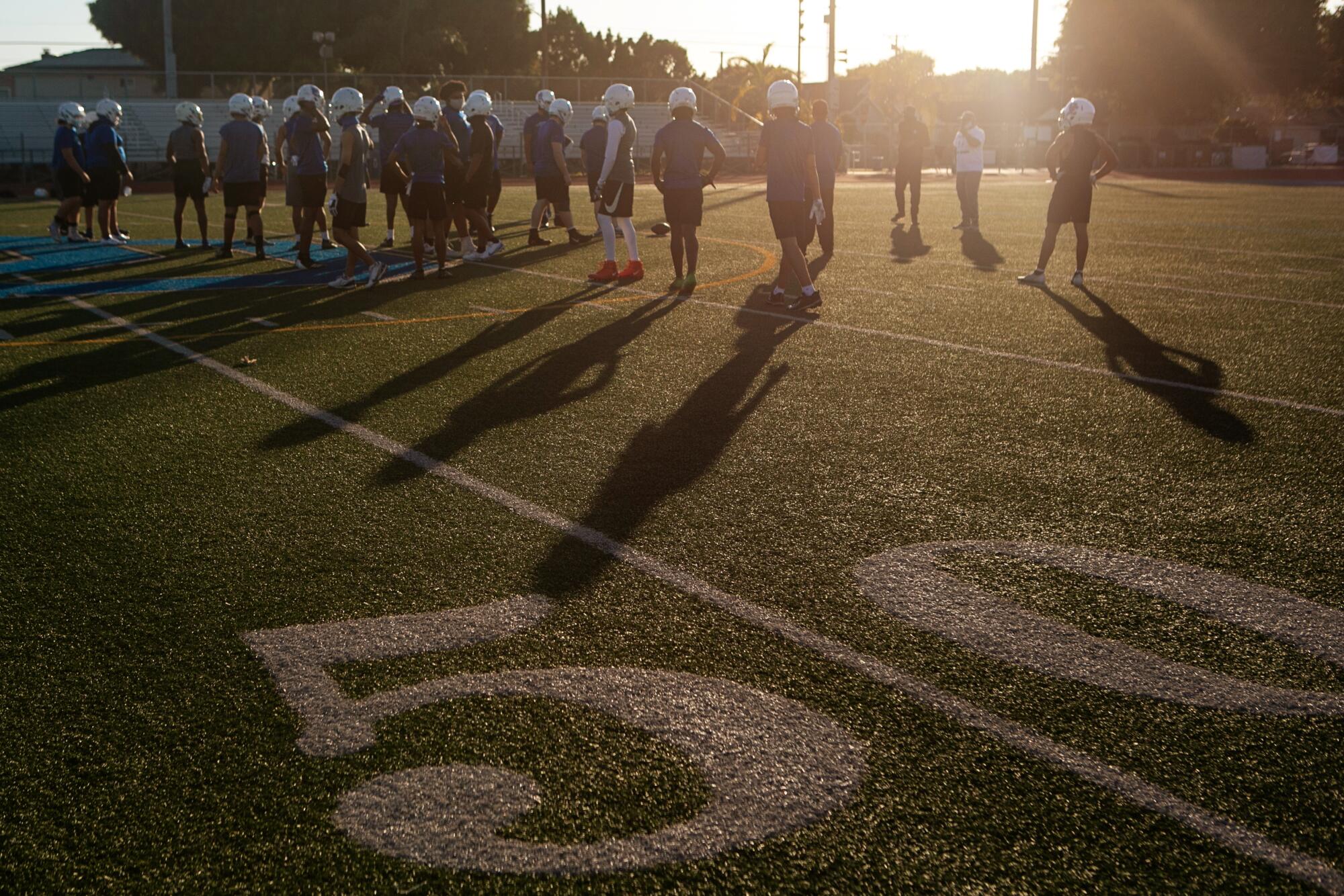 Culver City High holds its first official football practice after an 11-month shutdown.