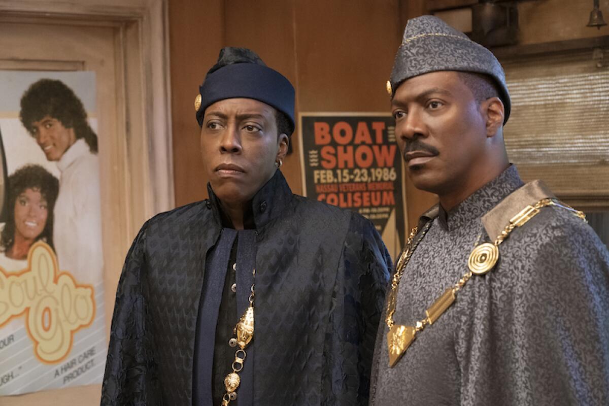 Arsenio Hall and Eddie Murphy in the movie "Coming 2 America."