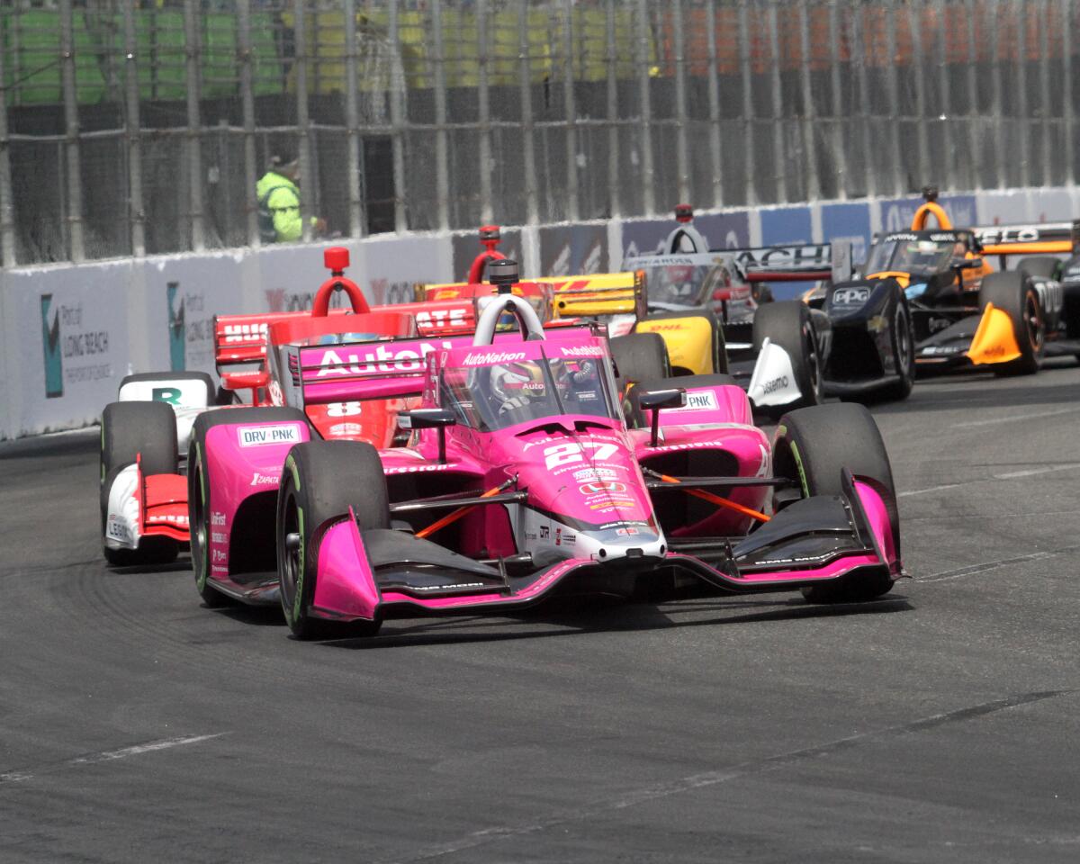 Kyle Kirkwood leads the pack during opening laps in the Long Beach Grand Prix on Sunday.