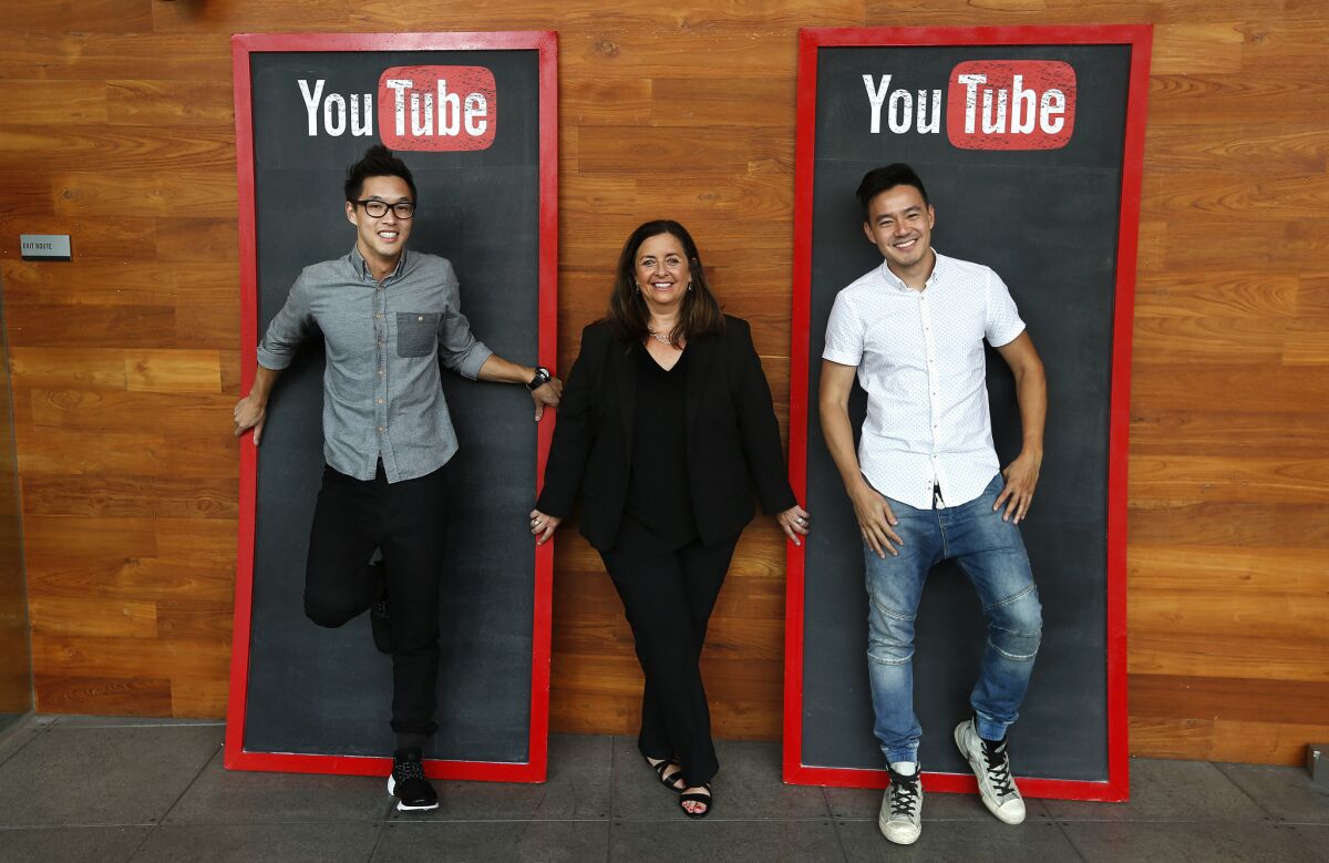 Susanne Daniels, global head of original content for YouTube, with Wesley Chan, left, and Philip Wang, co-founders of YouTube channel Wong Fu Productions.