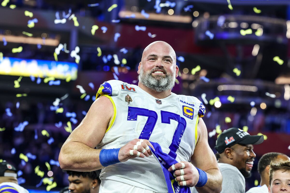 Rams lineman Andrew Whitworth celebrates after winning Super Bowl LVI against the Cincinnati Bengals at SoFi Stadium.