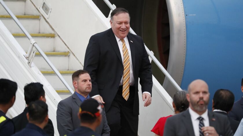 Secretary of State Michael R. Pompeo arrives Thursday at a military airport in Malaysia on the first stop of a three-nation trip to Asia.