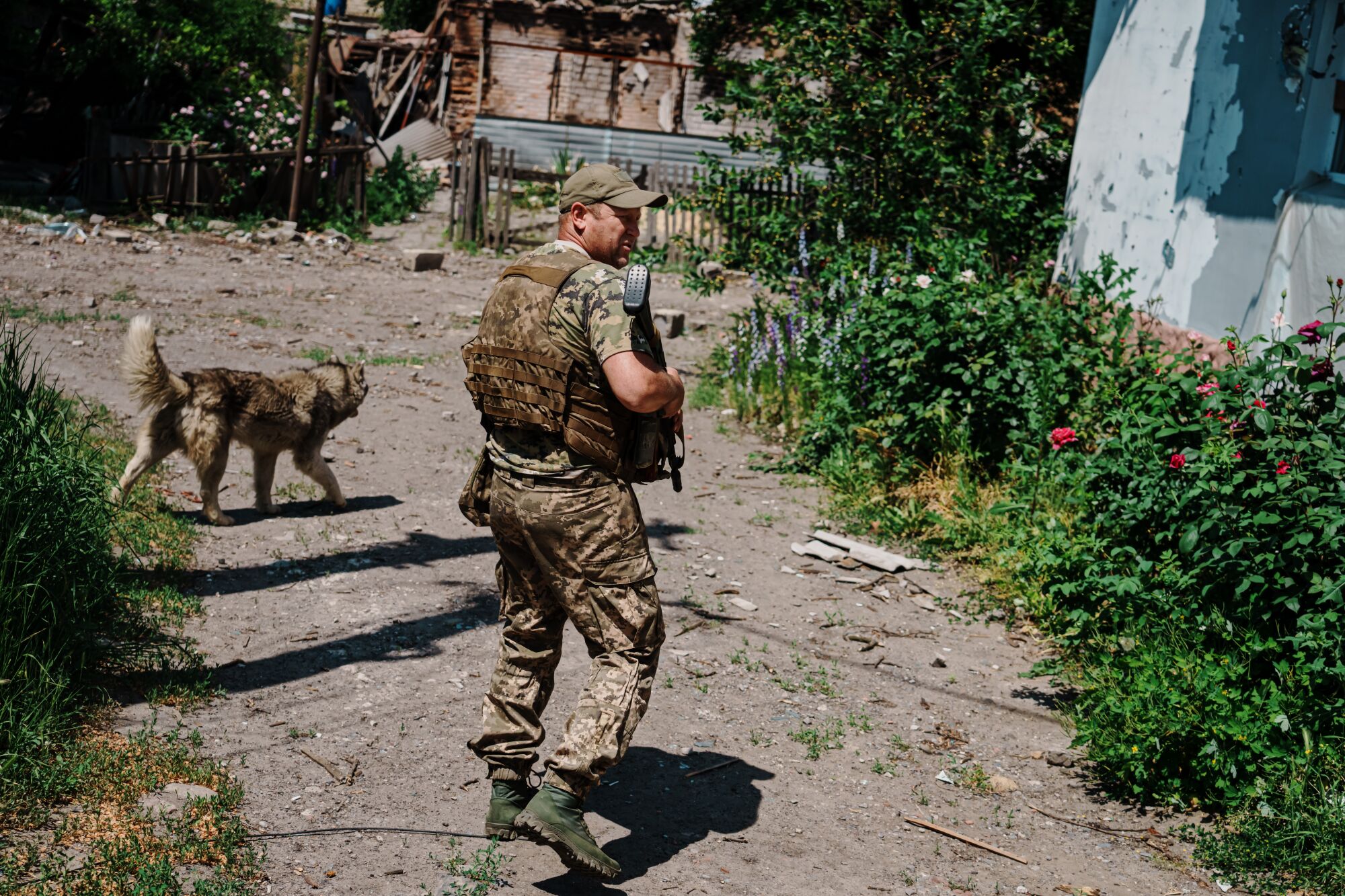 Ukrainian soldier inspect a neighborhood.