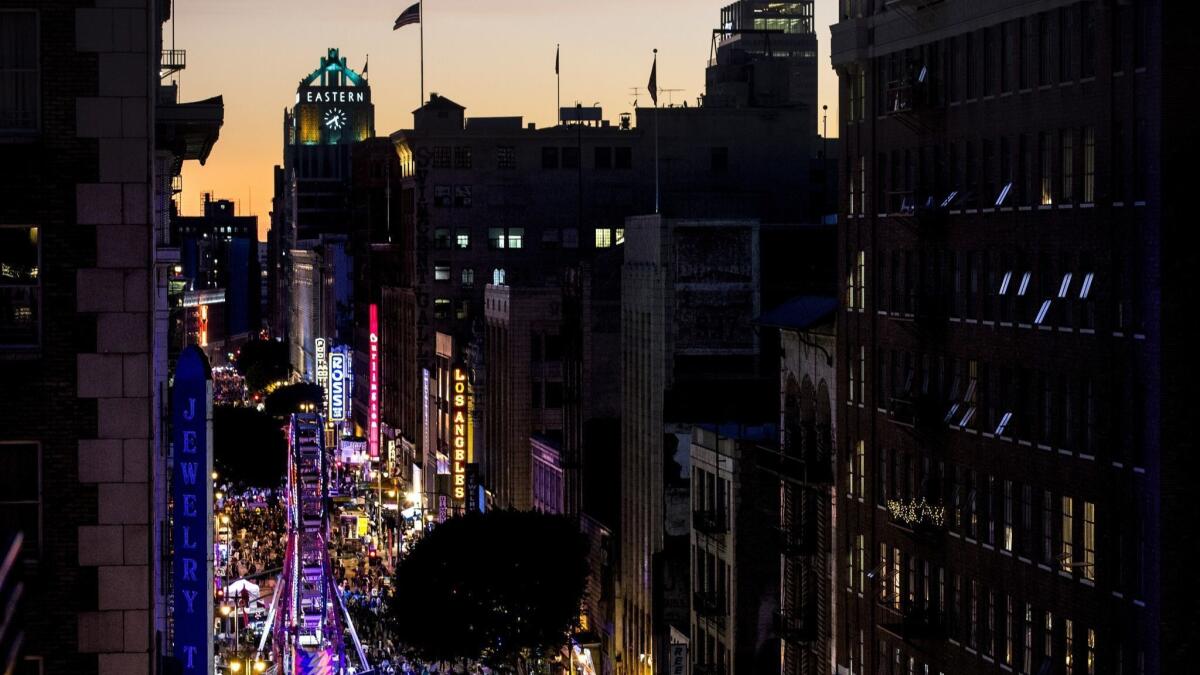 People pack Broadway in downtown Los Angeles for the Night on Broadway event on Jan. 27, 2018. The annual event will not be held in 2019.