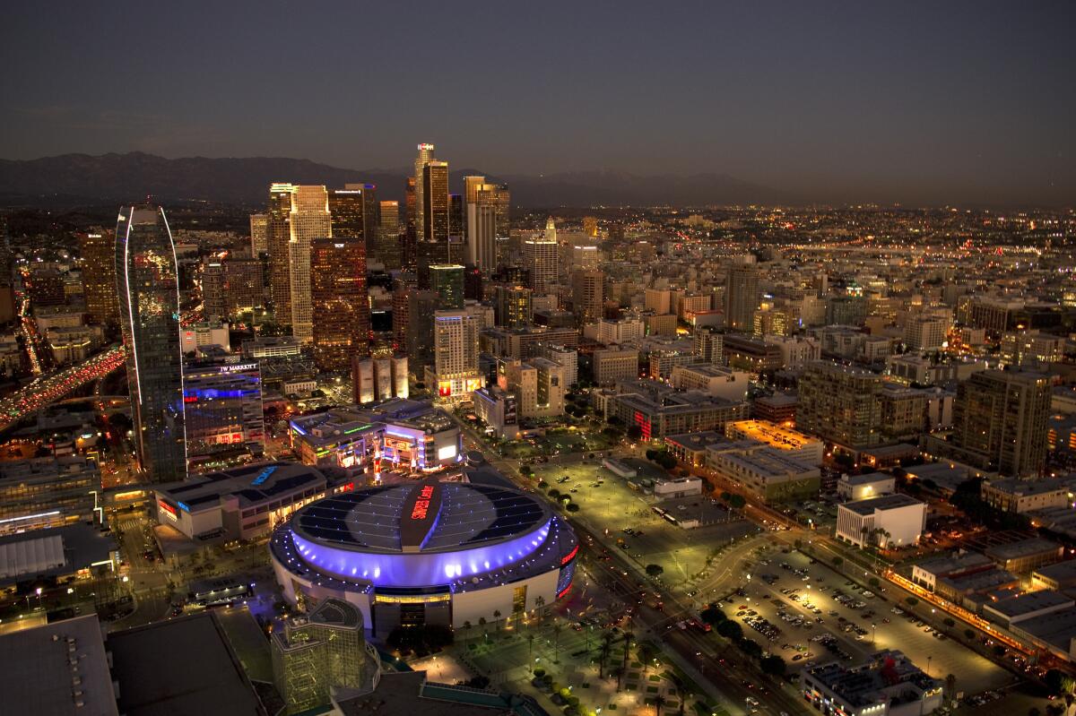 Downtown Los Angeles with the Staples Center in the foreground.