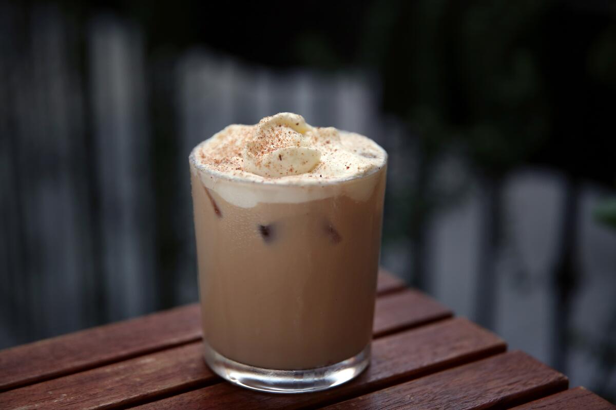 This potent mix of espresso, vodka, cinnamon simple syrup and pumpkin spice cream liqueur tastes like dessert in a glass. 