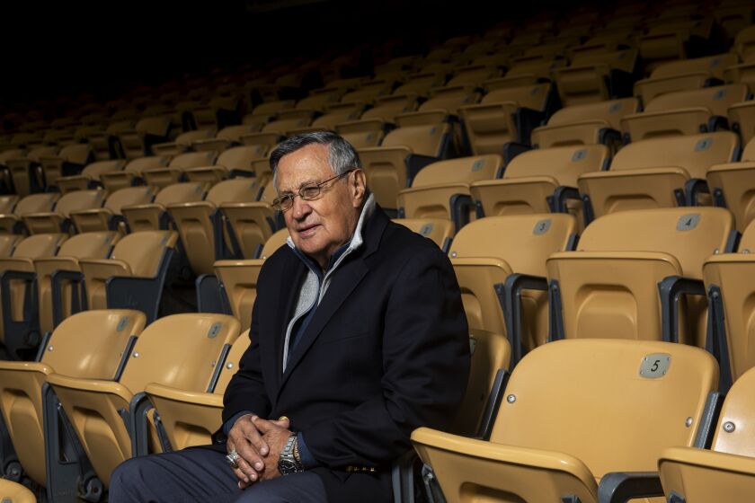 Jaime Jarrin poses for a portrait at Dodger Stadium on May 10, 2019.
